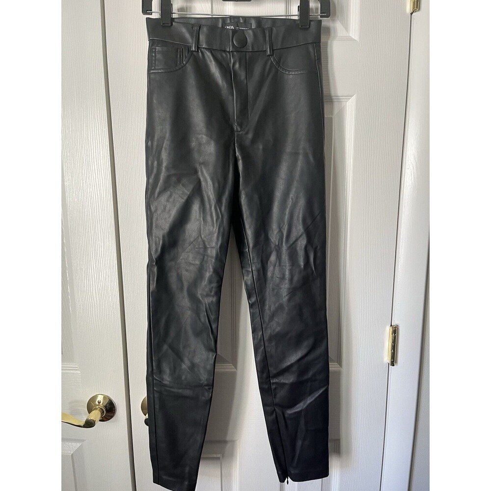 Zara Black Vegan Leather Pants Fleece Lined Skinny Ankle Zip Back Pleated 25